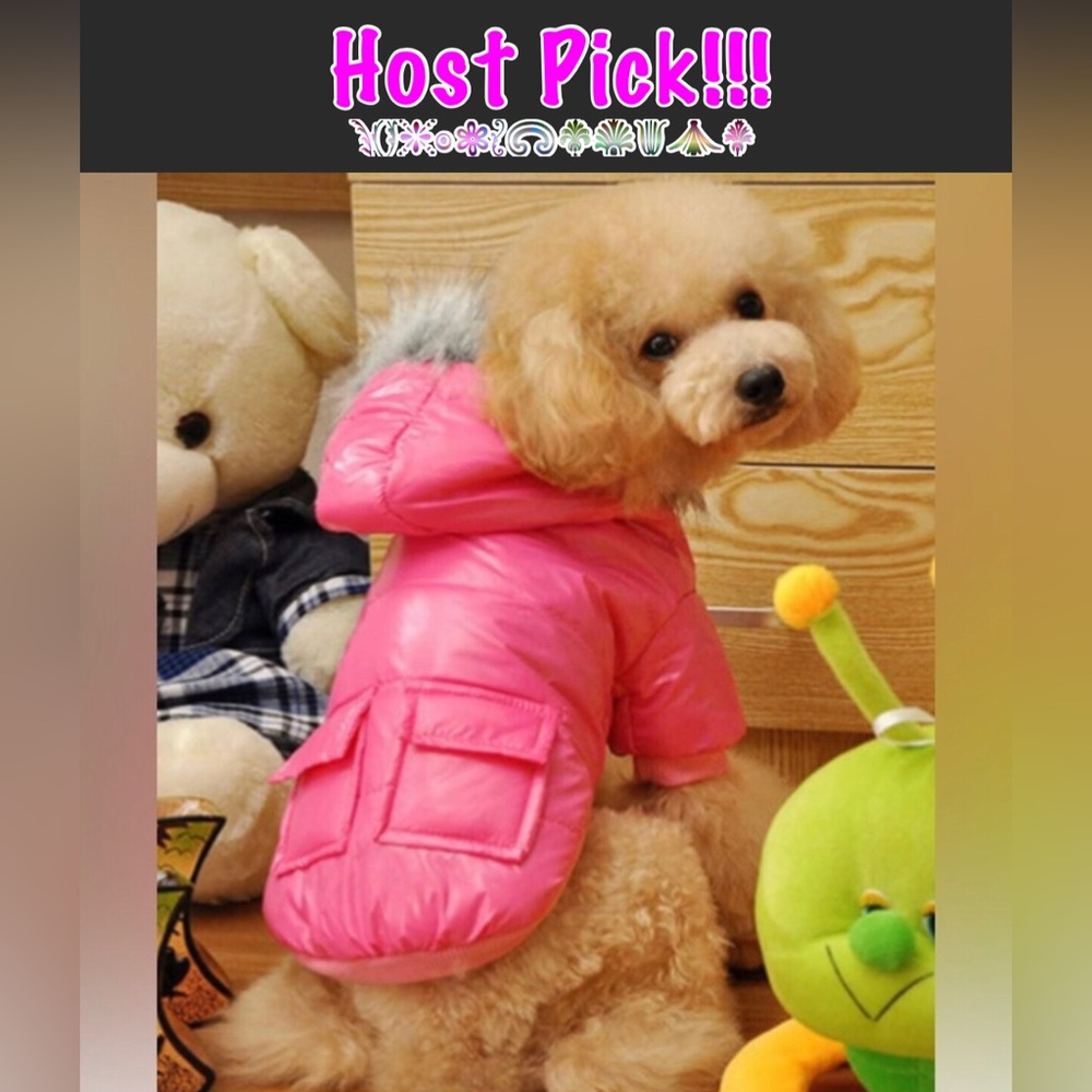 “Pink Dog Puffer Jacket” Fur Hood Warm Winter Wind/Waterproof Cat Pet Lined Coat - Picture 1 of 9